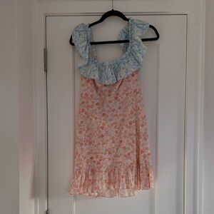RIXO Floral Dress in Blue and Orange Seashell